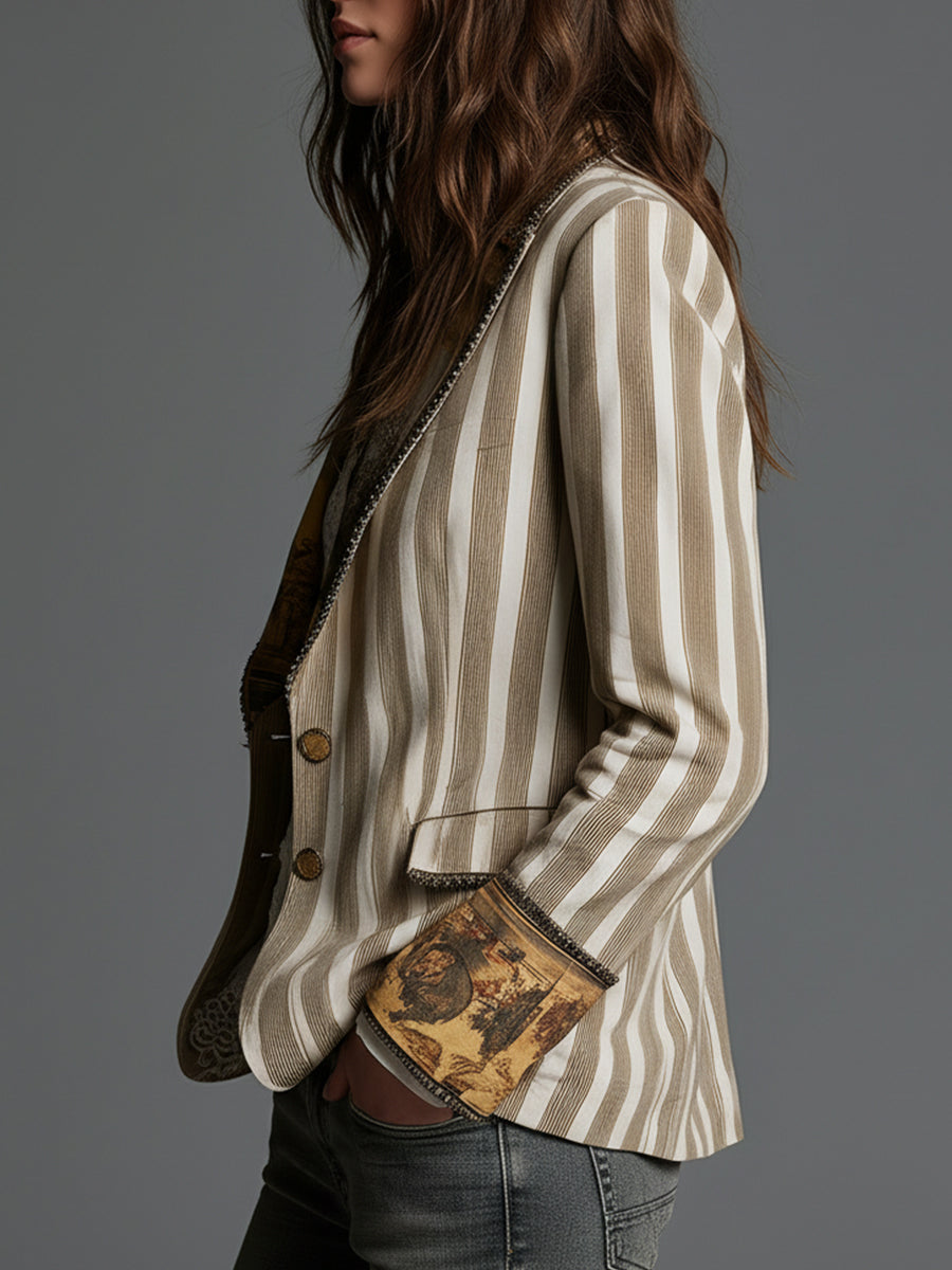 Ineke™ | Gestreepte blazer met bohemien kraag