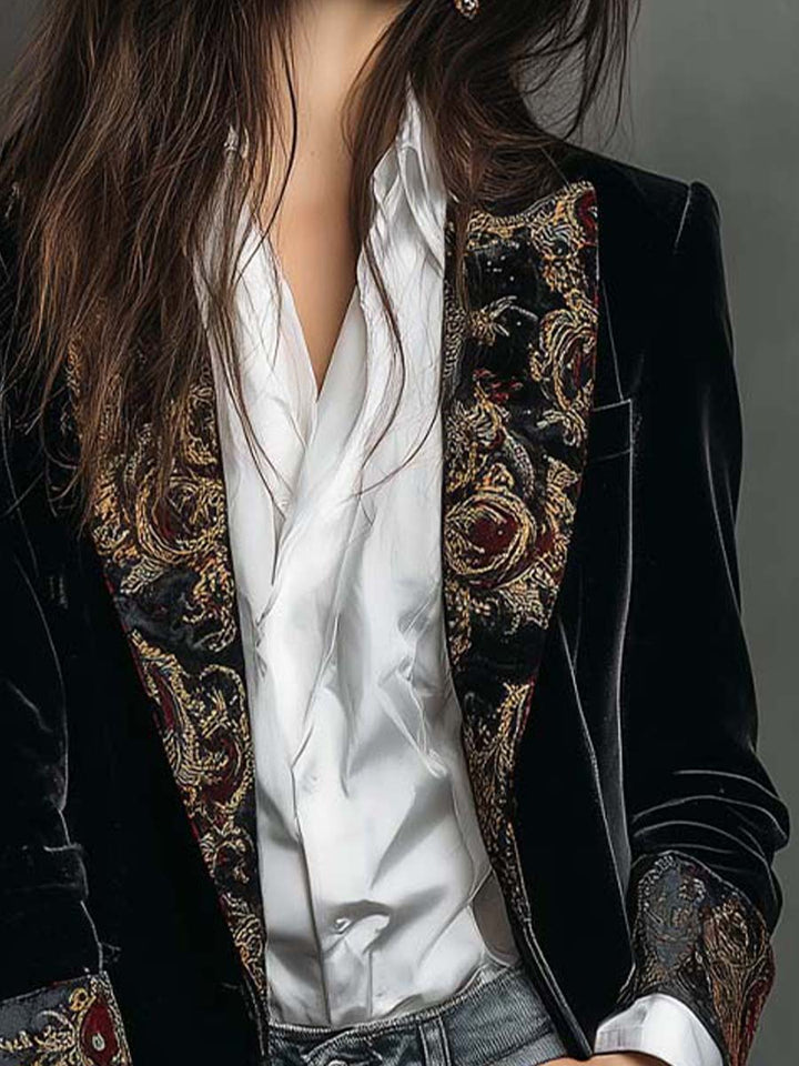 Ria™ | Lange zwarte blazer met barokprint