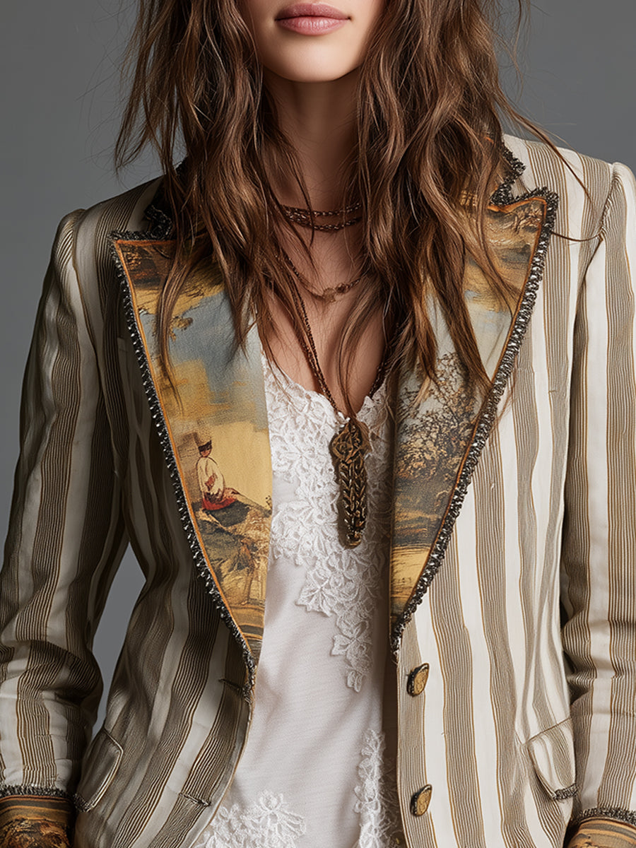 Ineke™ | Gestreepte blazer met bohemien kraag