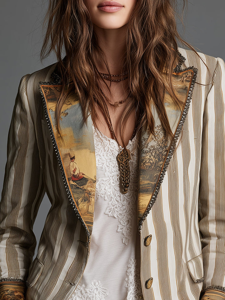 Ineke™ | Gestreepte blazer met bohemien kraag
