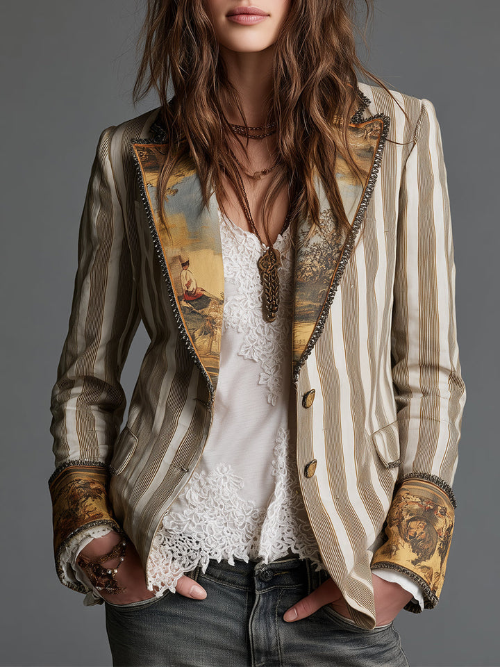 Ineke™ | Gestreepte blazer met bohemien kraag