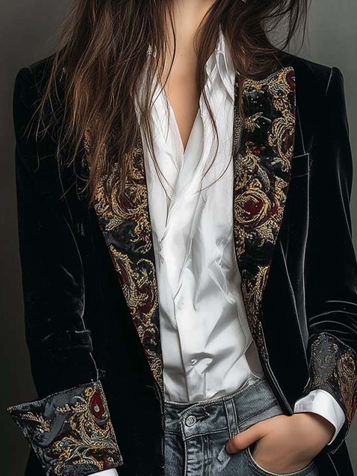 Ria™ | Lange zwarte blazer met barokprint