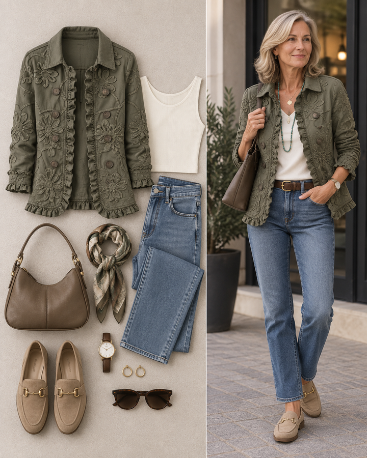 Els™ | Blazer met geborduurde bloemen in olijfgroen