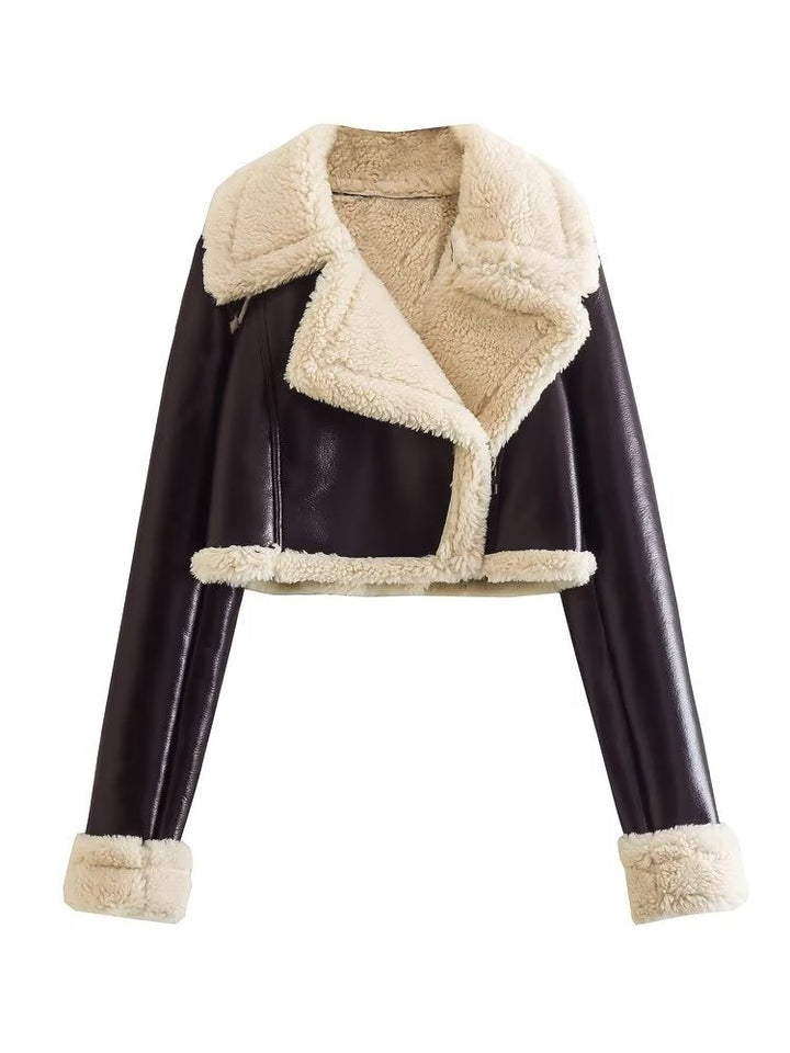 Yara™ elegante leren jas met teddykraag – Donkerbruin