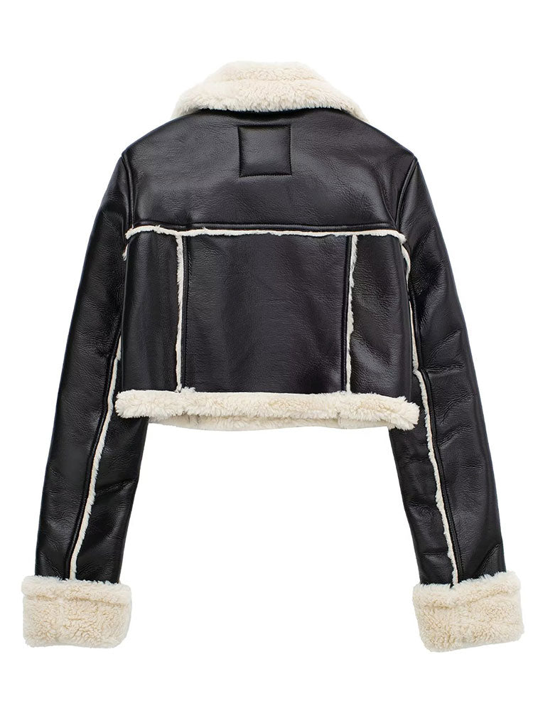 Yara™ elegante leren jas met teddykraag