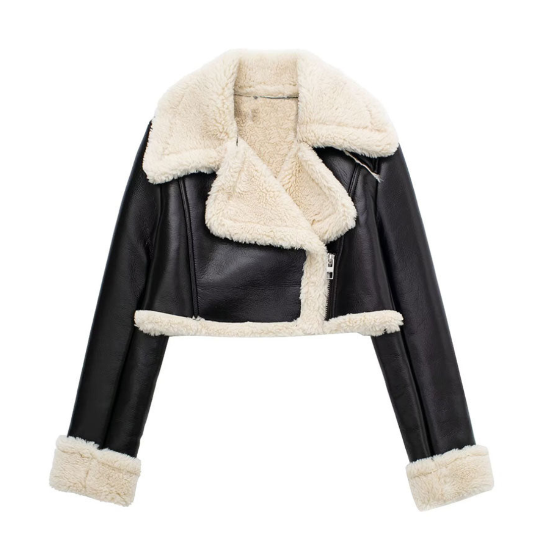 Yara™ elegante leren jas met teddykraag