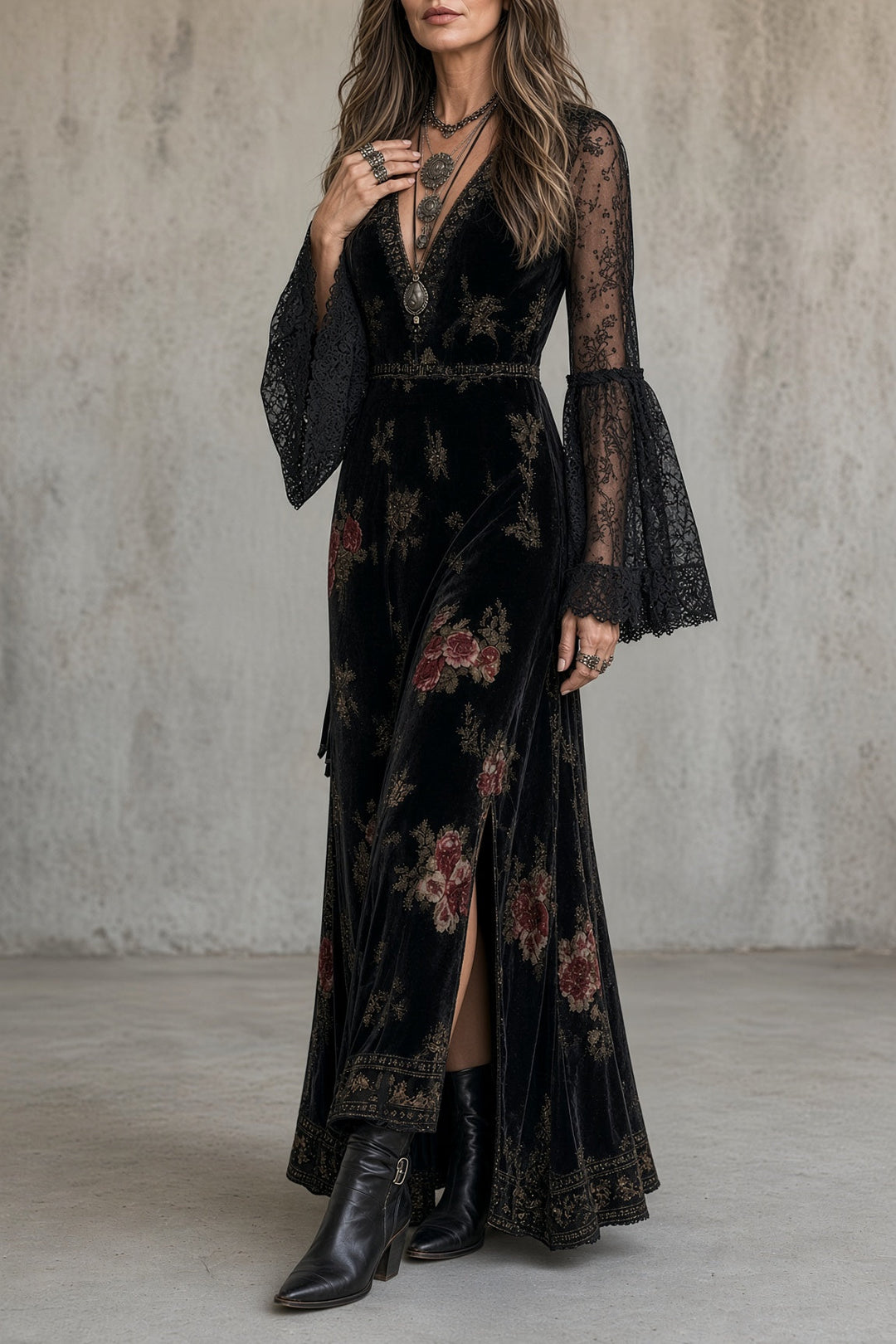 Wendy™ | Fluwelen maxi-jurk met bloemenprint