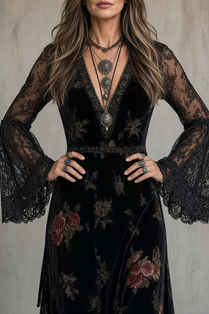 Wendy™ | Fluwelen maxi-jurk met bloemenprint