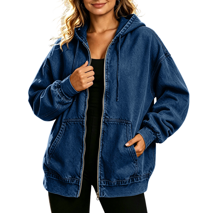 Iris™ vintage gewassen denim hoodie met rits – Donkerblauw