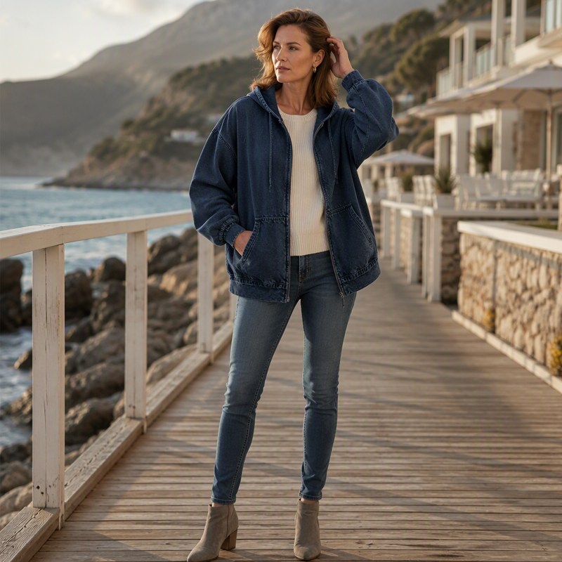 Iris™ vintage gewassen denim hoodie met rits