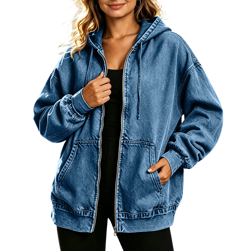 Iris™ vintage gewassen denim hoodie met rits – Blauw