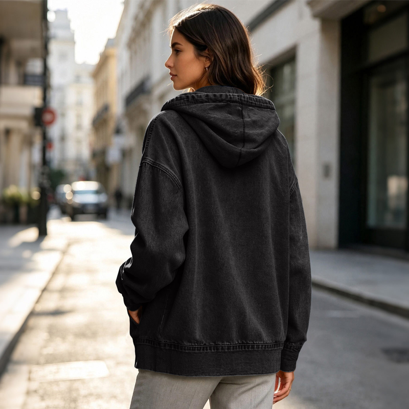 Iris™ vintage gewassen denim hoodie met rits