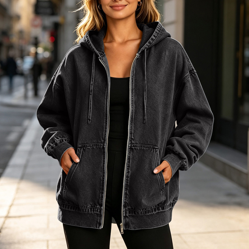 Iris™ vintage gewassen denim hoodie met rits