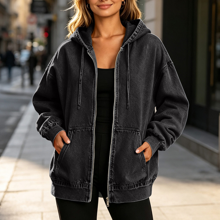 Iris™ vintage gewassen denim hoodie met rits