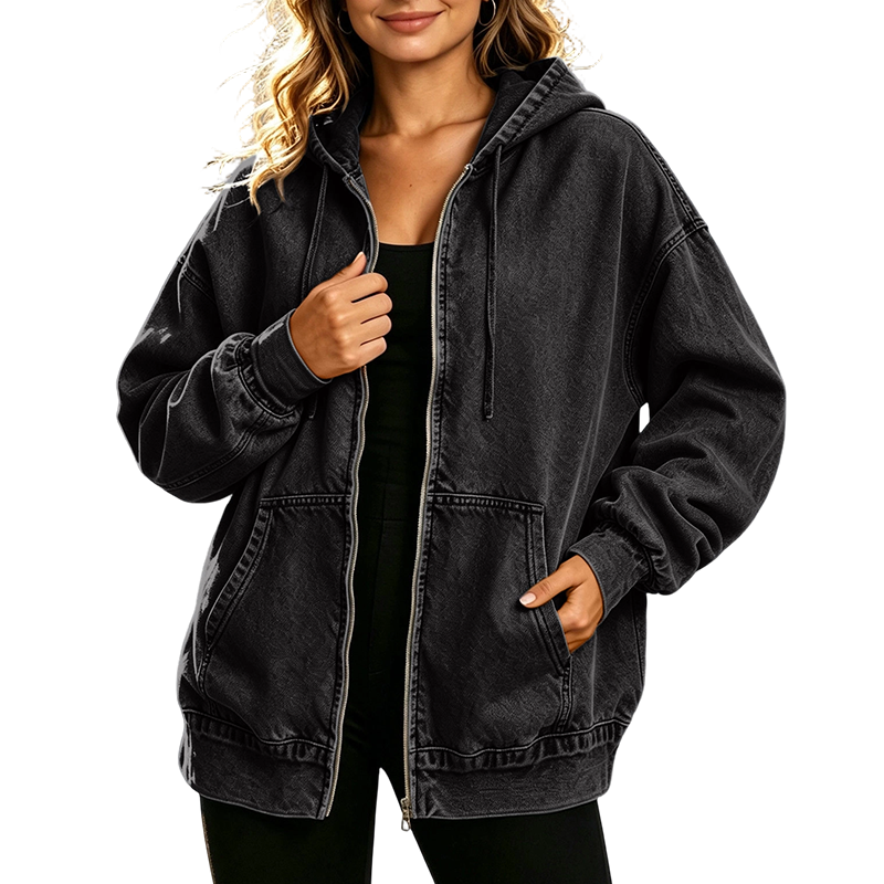Iris™ vintage gewassen denim hoodie met rits – Zwart