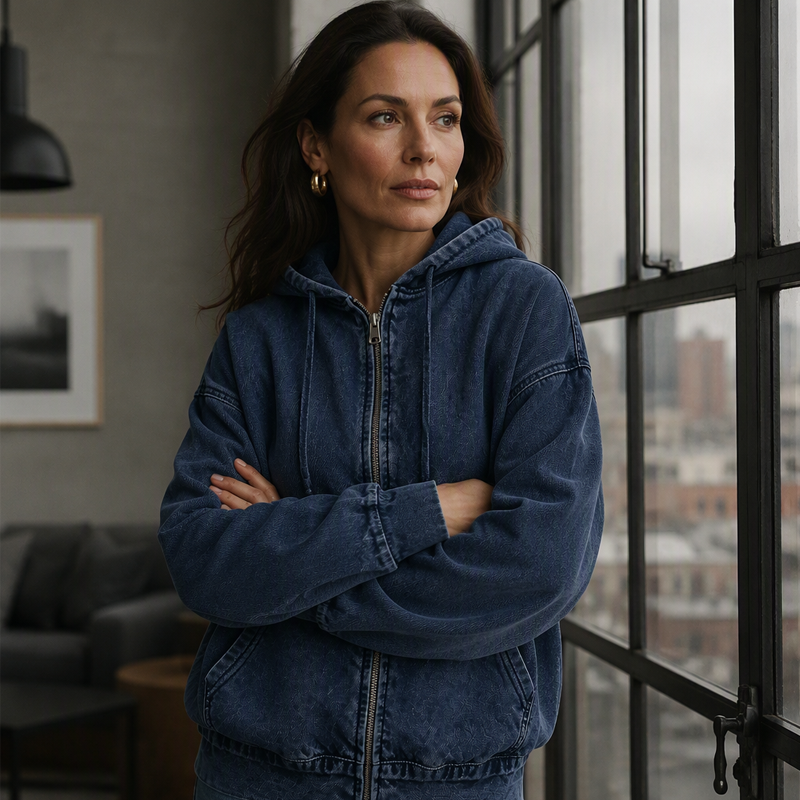 Iris™ vintage gewassen denim hoodie met rits