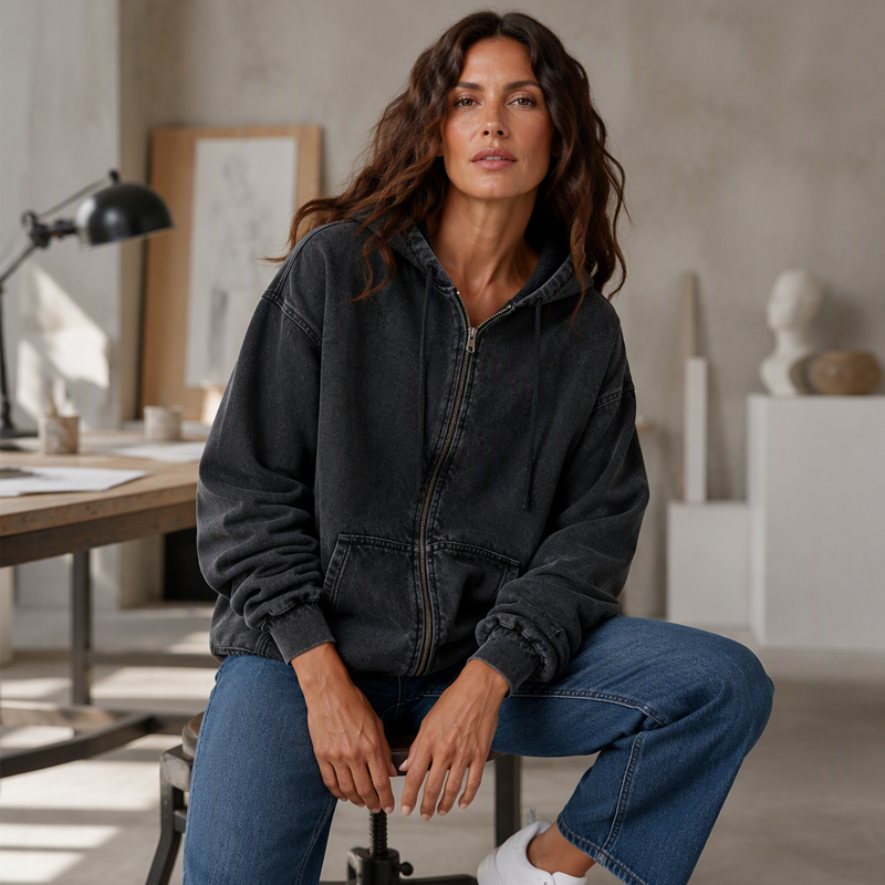 Iris™ vintage gewassen denim hoodie met rits