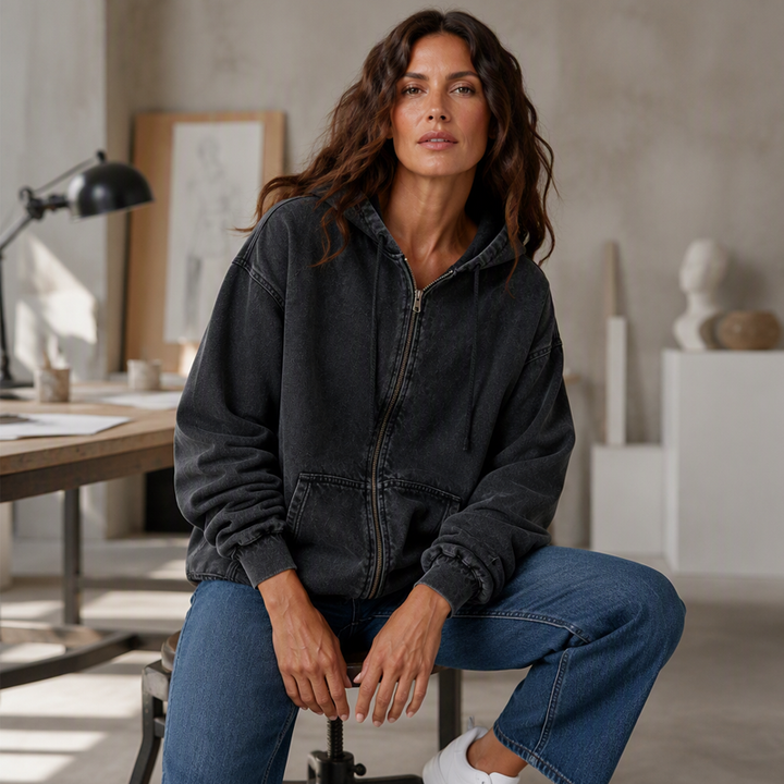Iris™ vintage gewassen denim hoodie met rits
